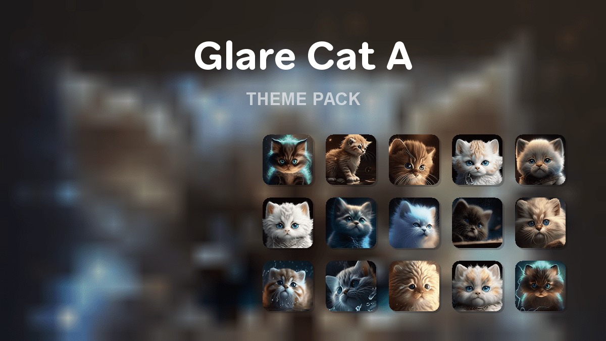 Glare Cat A theme pack preview showing all icons widgets and wallpaper