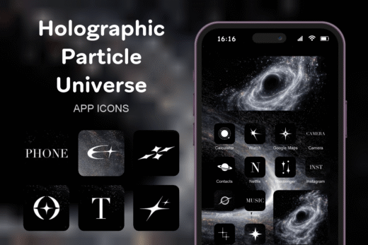 Holographic Particle Universe theme pack featured image showing icons widgets and wallpaper