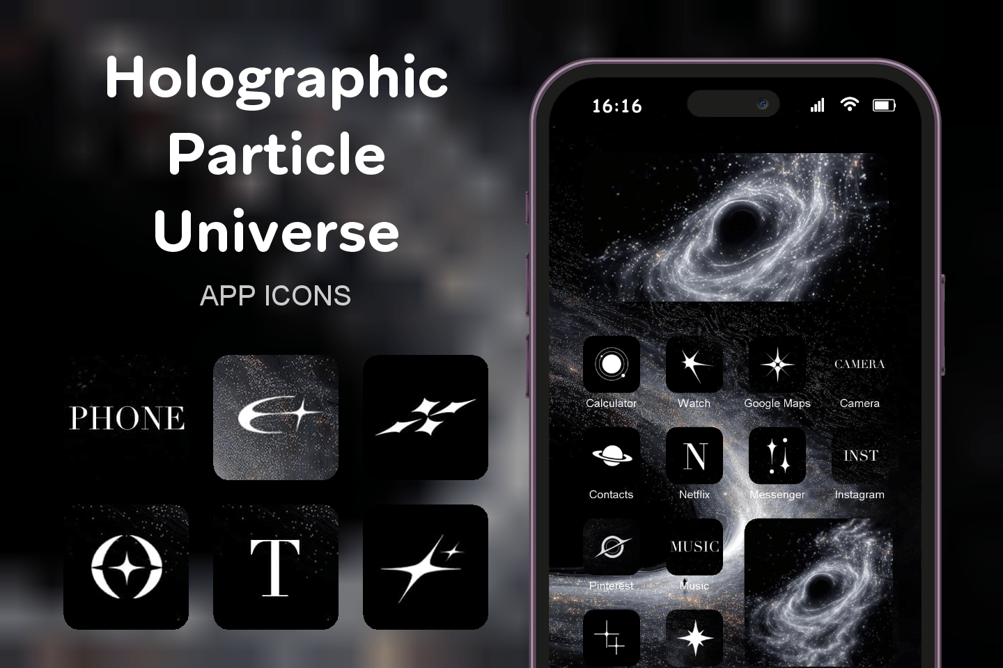 Holographic Particle Universe theme pack featured image showing icons widgets and wallpaper