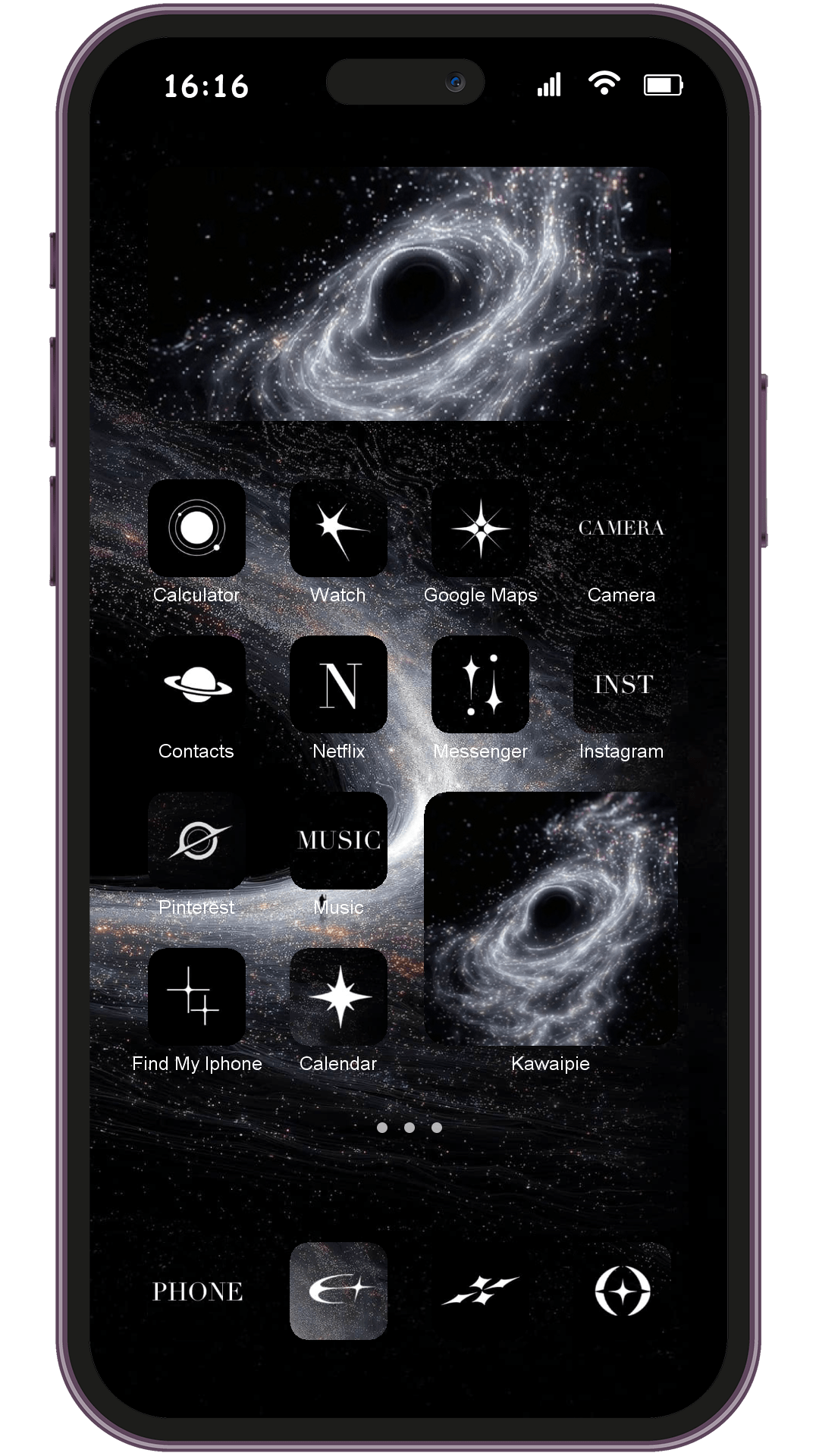 Holographic Particle Universe theme pack applied on smartphone home screen
