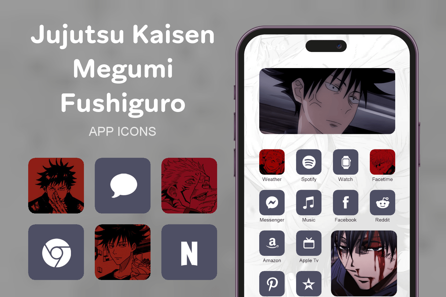 Jujutsu Kaisen Megumi Fushiguro theme pack featured image showing icons widgets and wallpaper