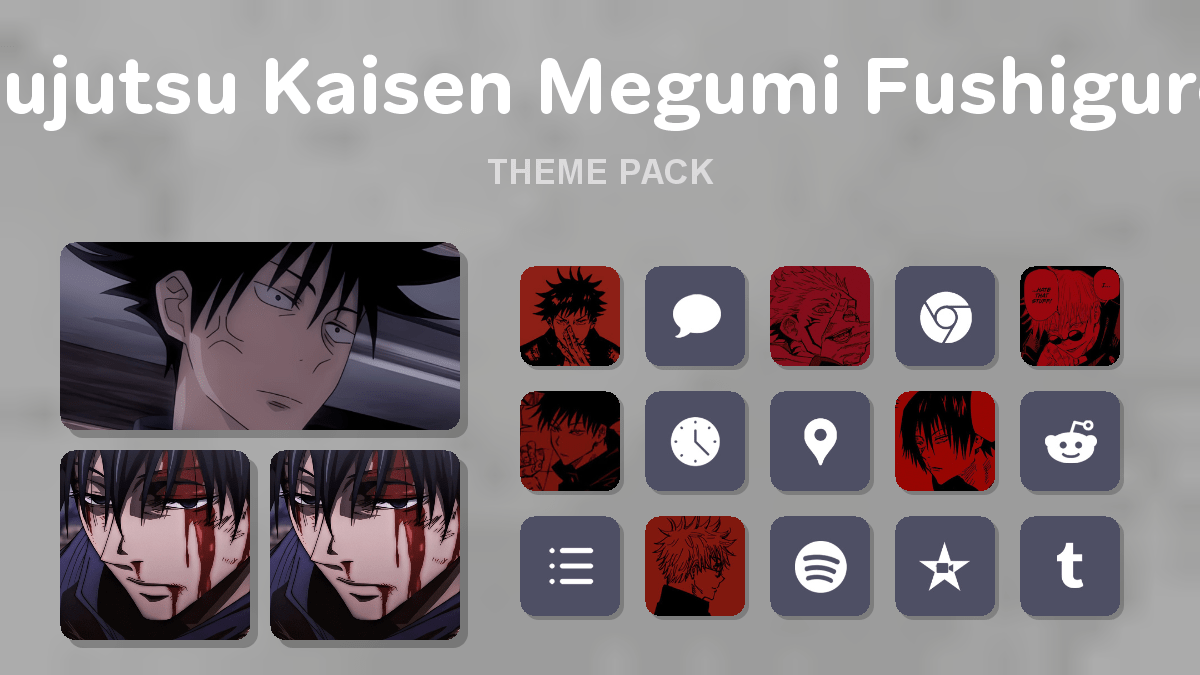 Jujutsu Kaisen Megumi Fushiguro theme pack preview showing all icons widgets and wallpaper