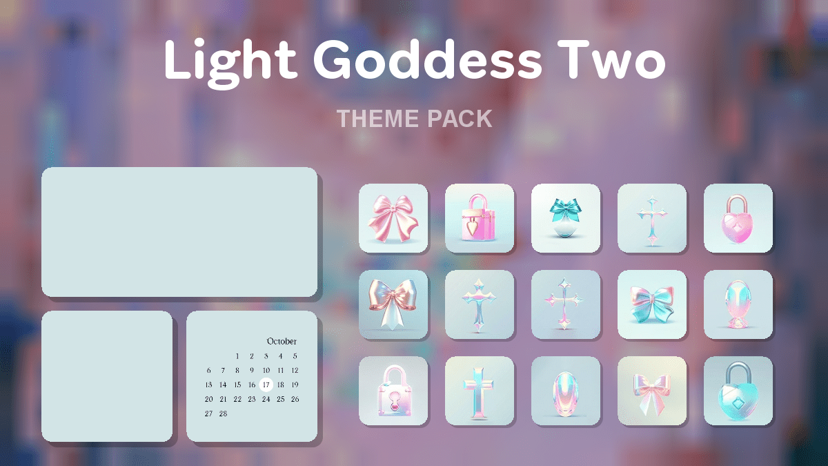 Light Goddess Two theme pack preview showing all icons widgets and wallpaper