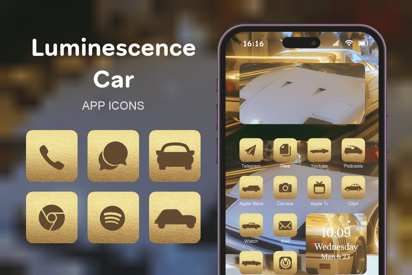 Luminescence Car theme pack featured image showing icons widgets and wallpaper