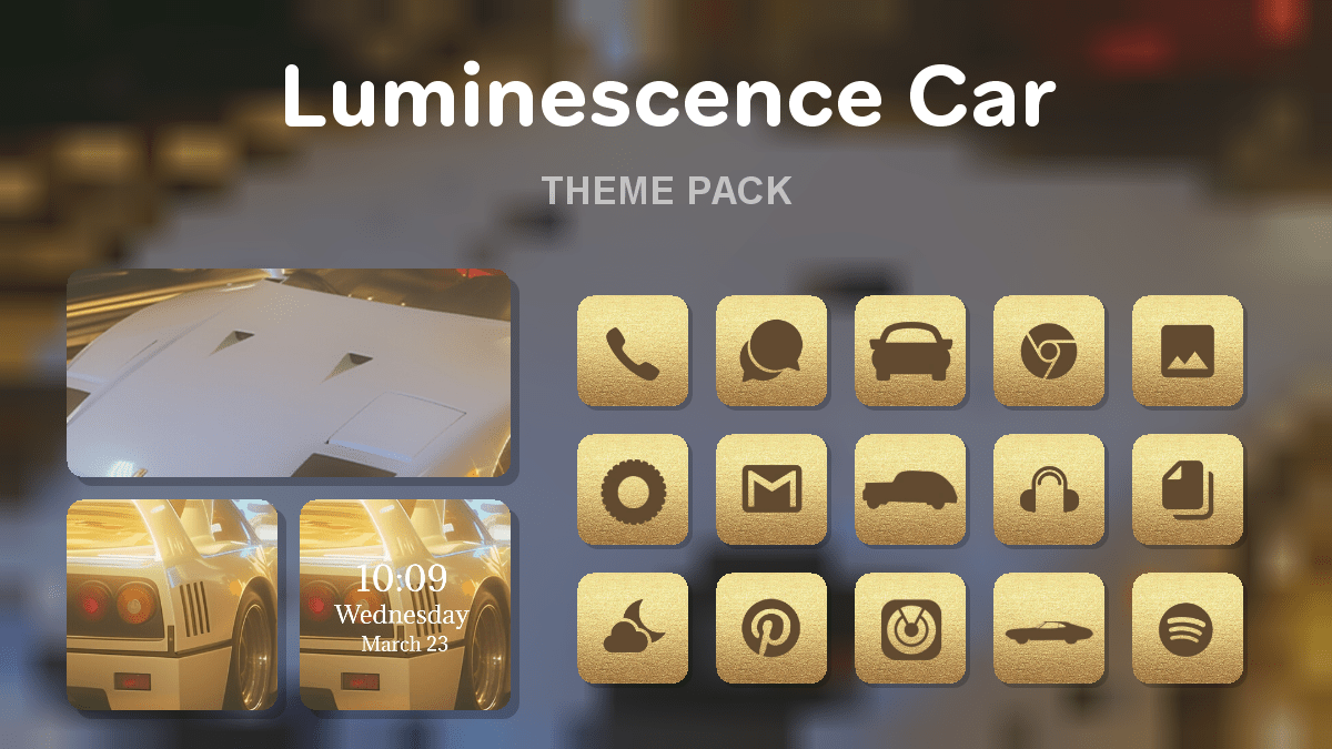 Luminescence Car theme pack preview showing all icons widgets and wallpaper