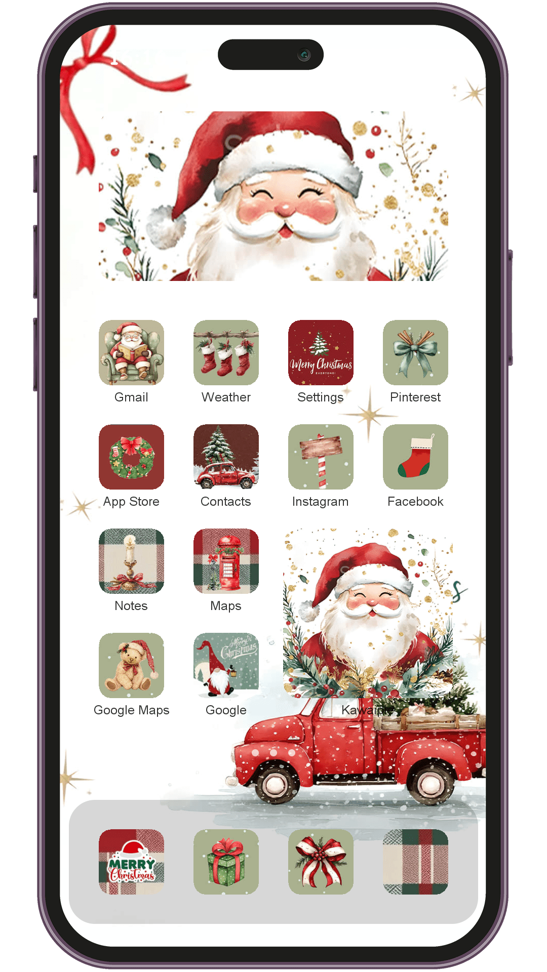 Merry Christmas Tree Red theme pack applied on smartphone home screen