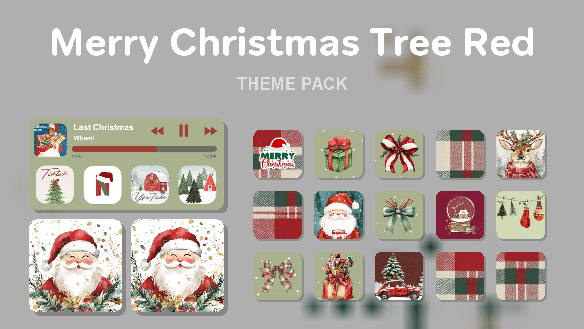 Merry Christmas Tree Red theme pack preview showing all icons widgets and wallpaper