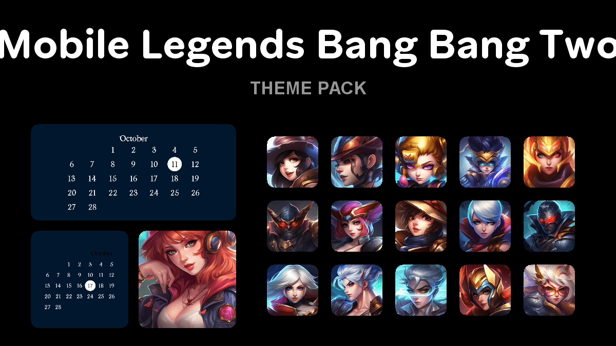 Mobile Legends Bang Bang Two theme pack preview showing all icons widgets and wallpaper