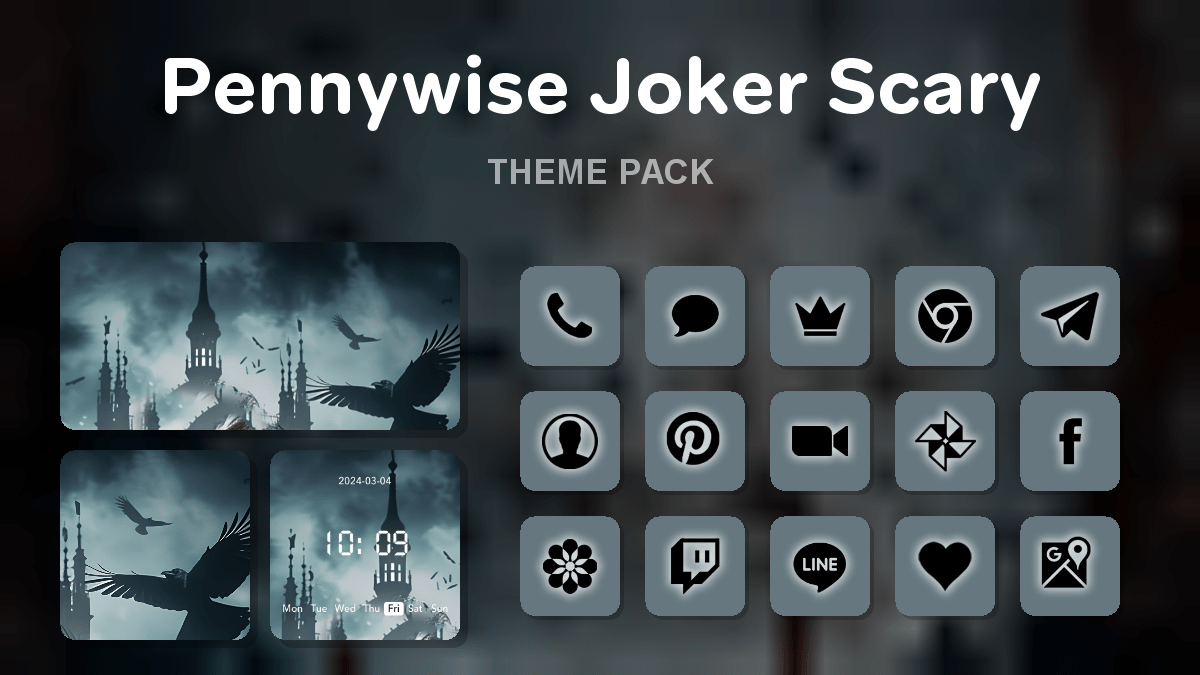 Pennywise Joker Scary theme pack preview showing all icons widgets and wallpaper
