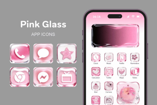 Pink Glass theme pack featured image showing icons widgets and wallpaper
