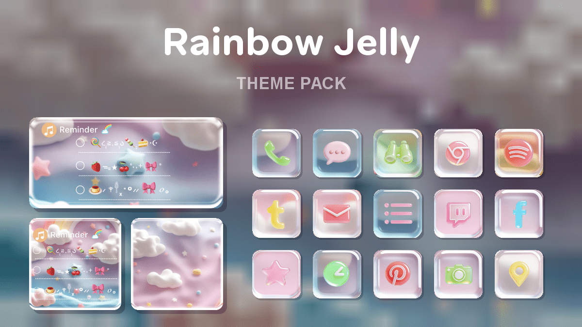 Rainbow Jelly theme pack preview showing all icons widgets and wallpaper