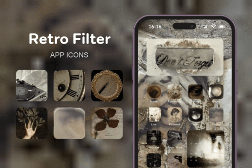 Retro Filter theme pack featured image showing icons widgets and wallpaper