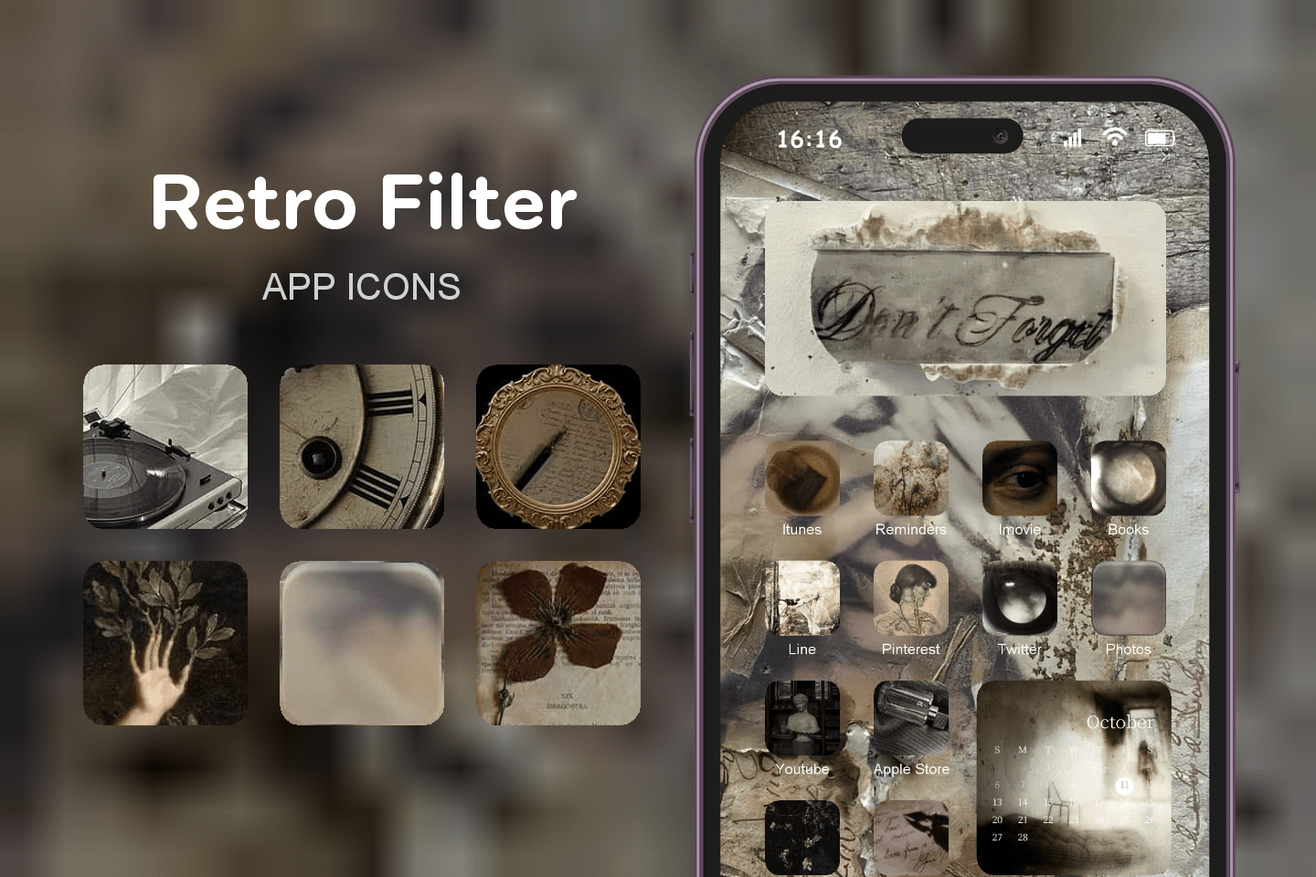 Retro Filter theme pack featured image showing icons widgets and wallpaper