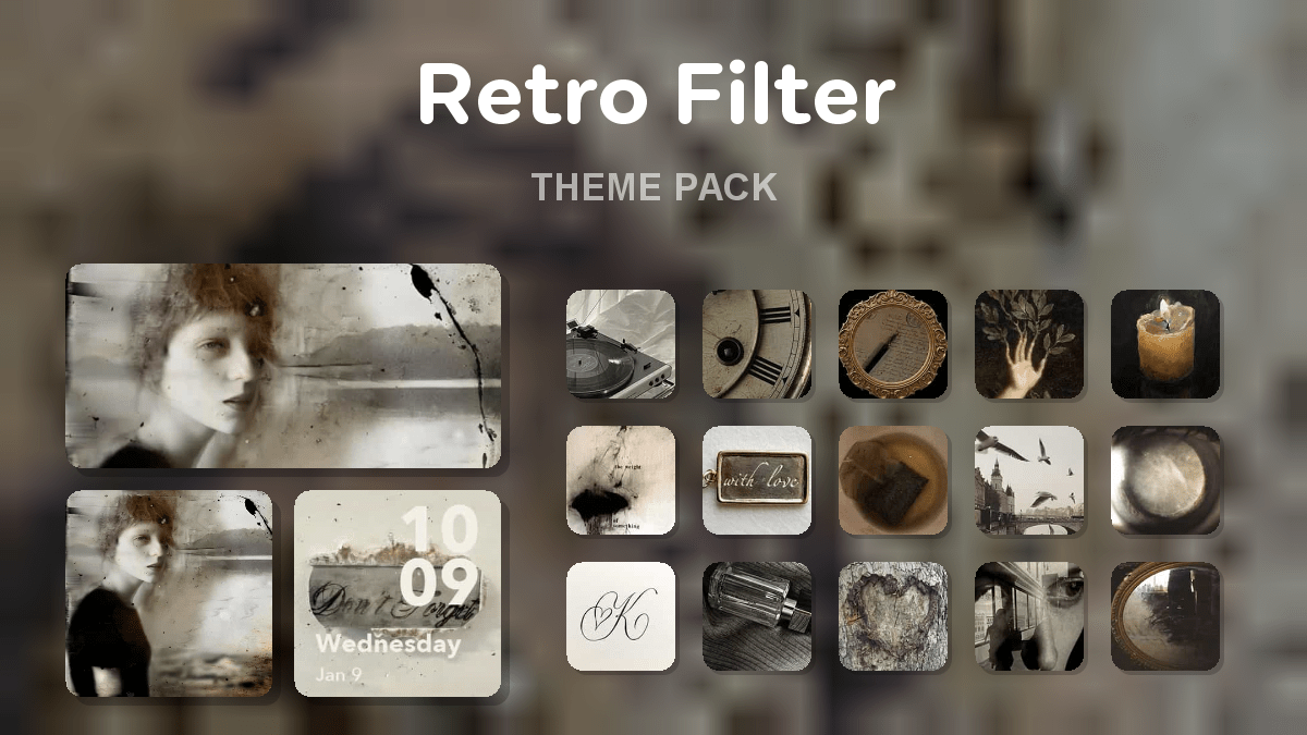 Retro Filter theme pack preview showing all icons widgets and wallpaper