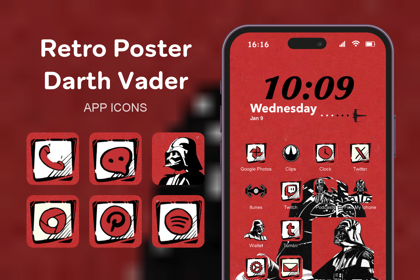 Retro Poster Darth Vader theme pack featured image showing icons widgets and wallpaper