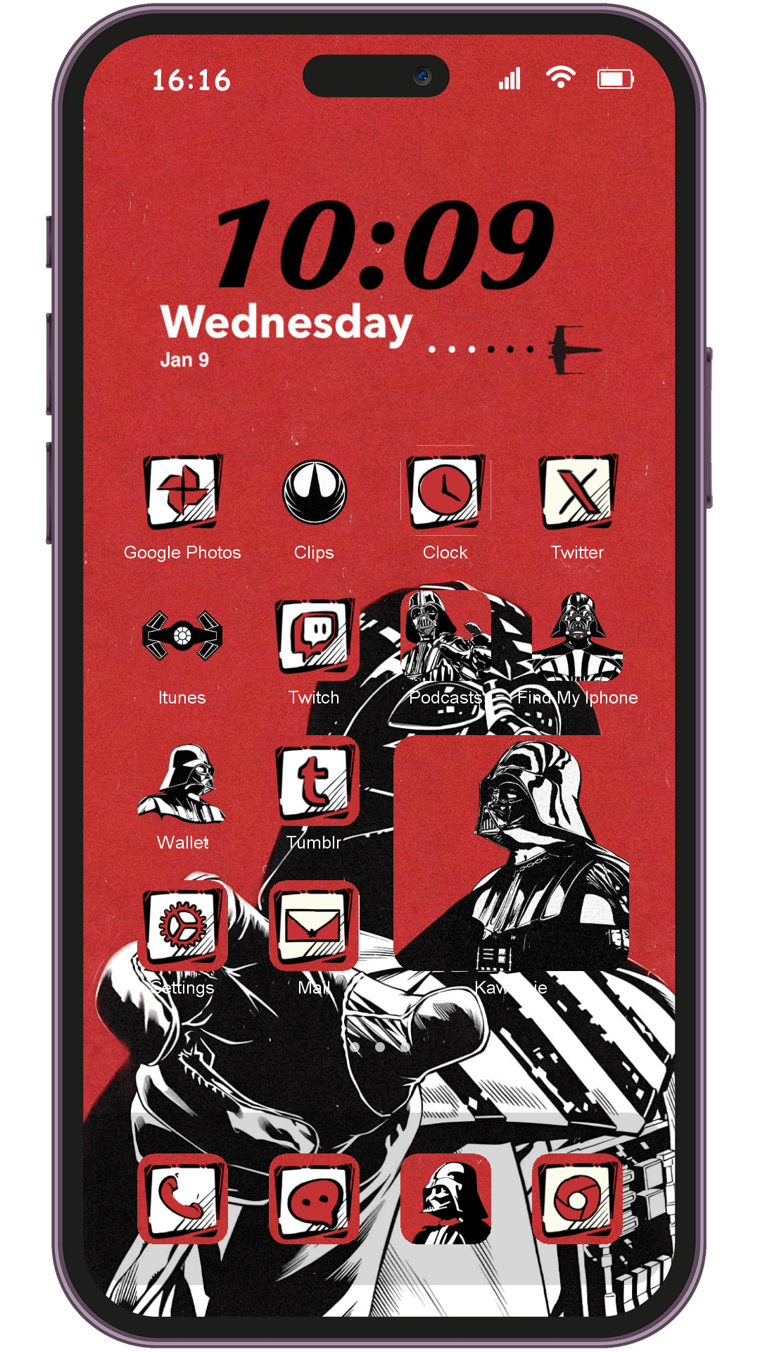 Retro Poster Darth Vader theme pack applied on smartphone home screen