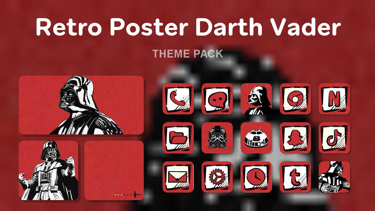 Retro Poster Darth Vader theme pack preview showing all icons widgets and wallpaper