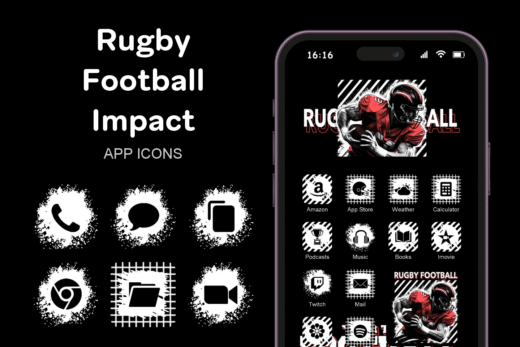 Rugby Football Impact theme pack featured image showing icons widgets and wallpaper