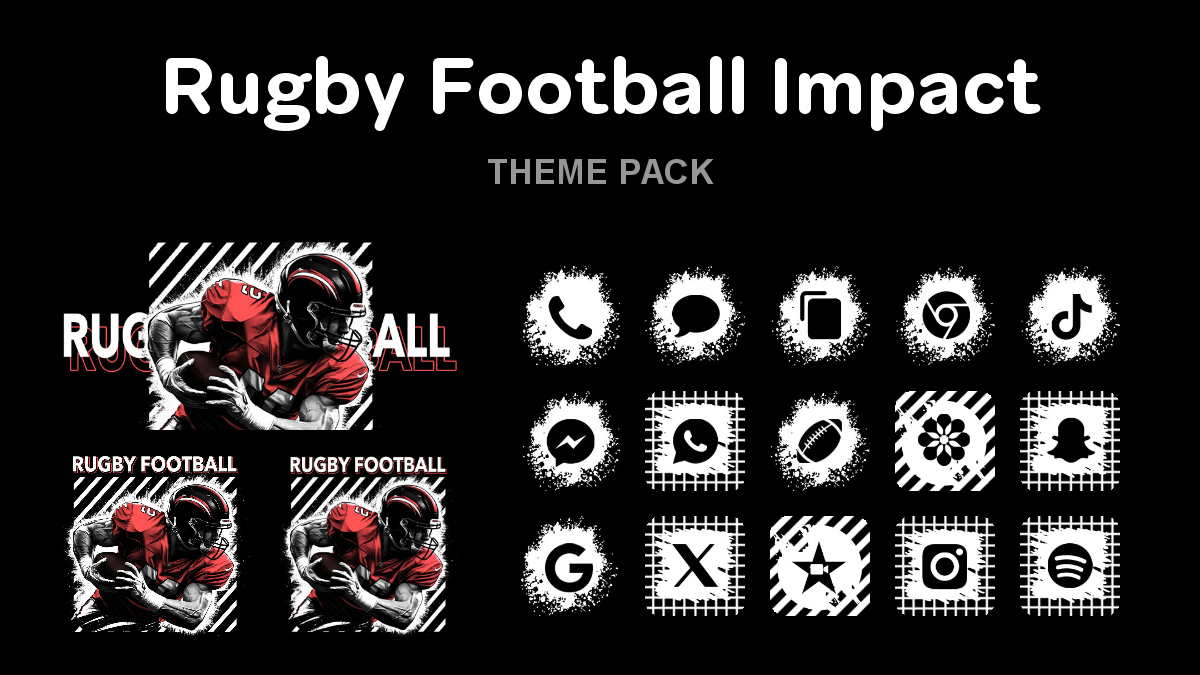 Rugby Football Impact theme pack preview showing all icons widgets and wallpaper