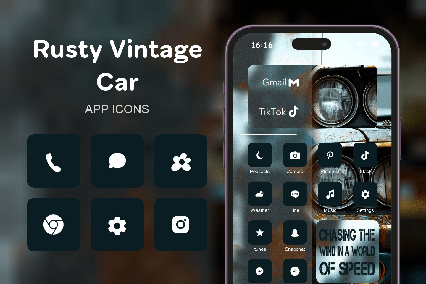 Rusty Vintage Car theme pack featured image showing icons widgets and wallpaper