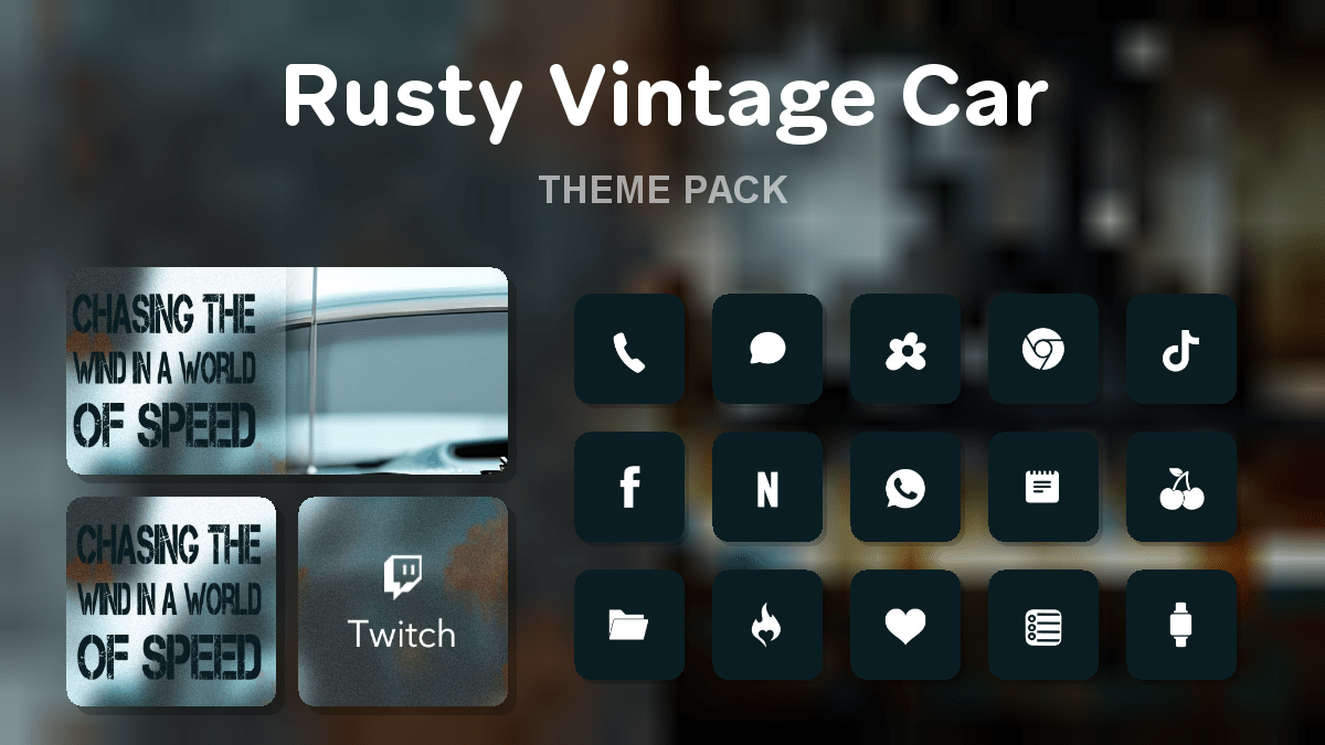 Rusty Vintage Car theme pack preview showing all icons widgets and wallpaper