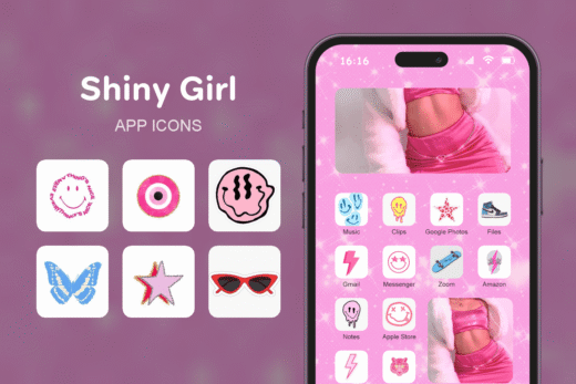 Shiny Girl theme pack featured image showing icons widgets and wallpaper