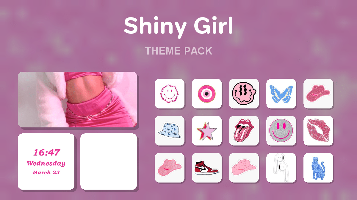 Shiny Girl theme pack preview showing all icons widgets and wallpaper