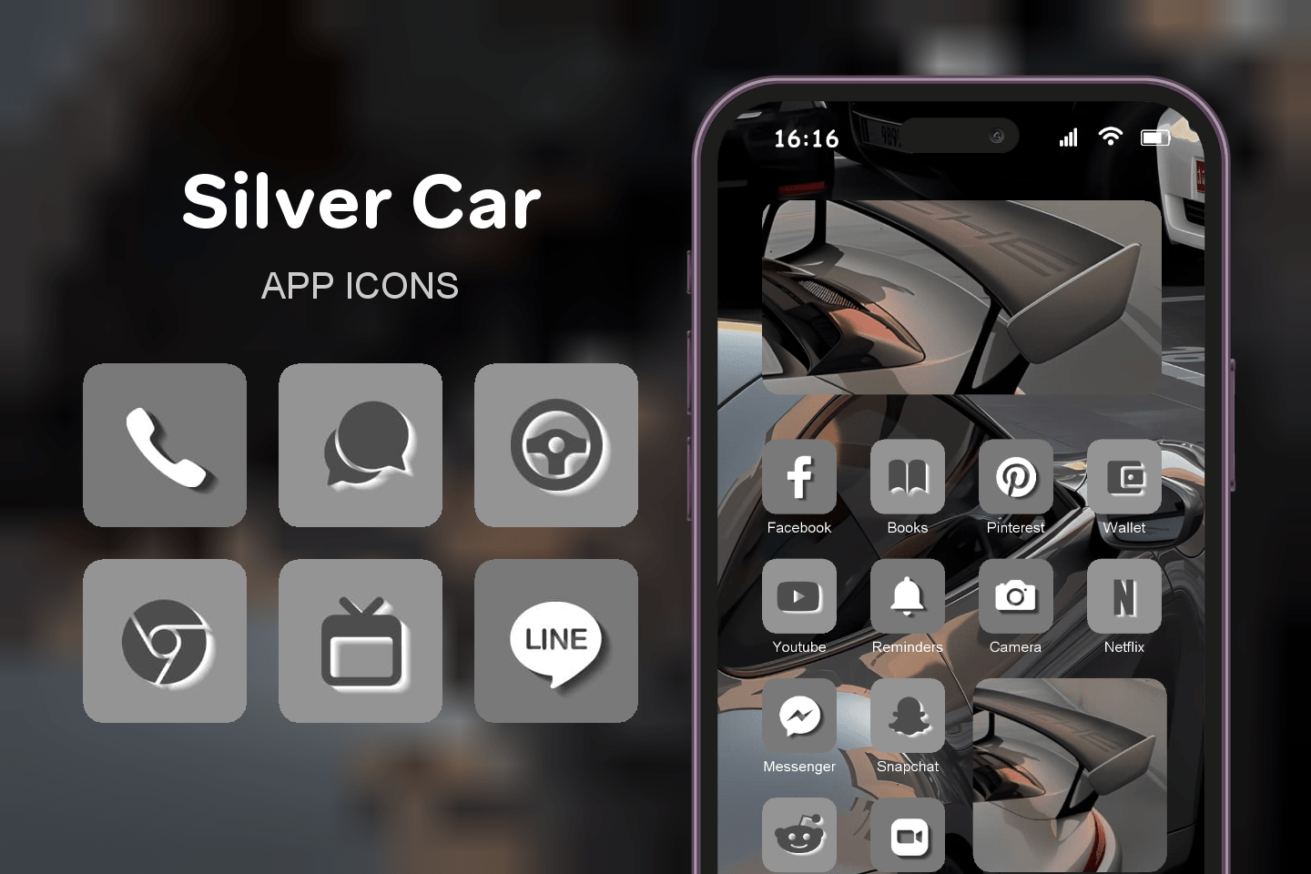 Silver Car theme pack featured image showing icons widgets and wallpaper