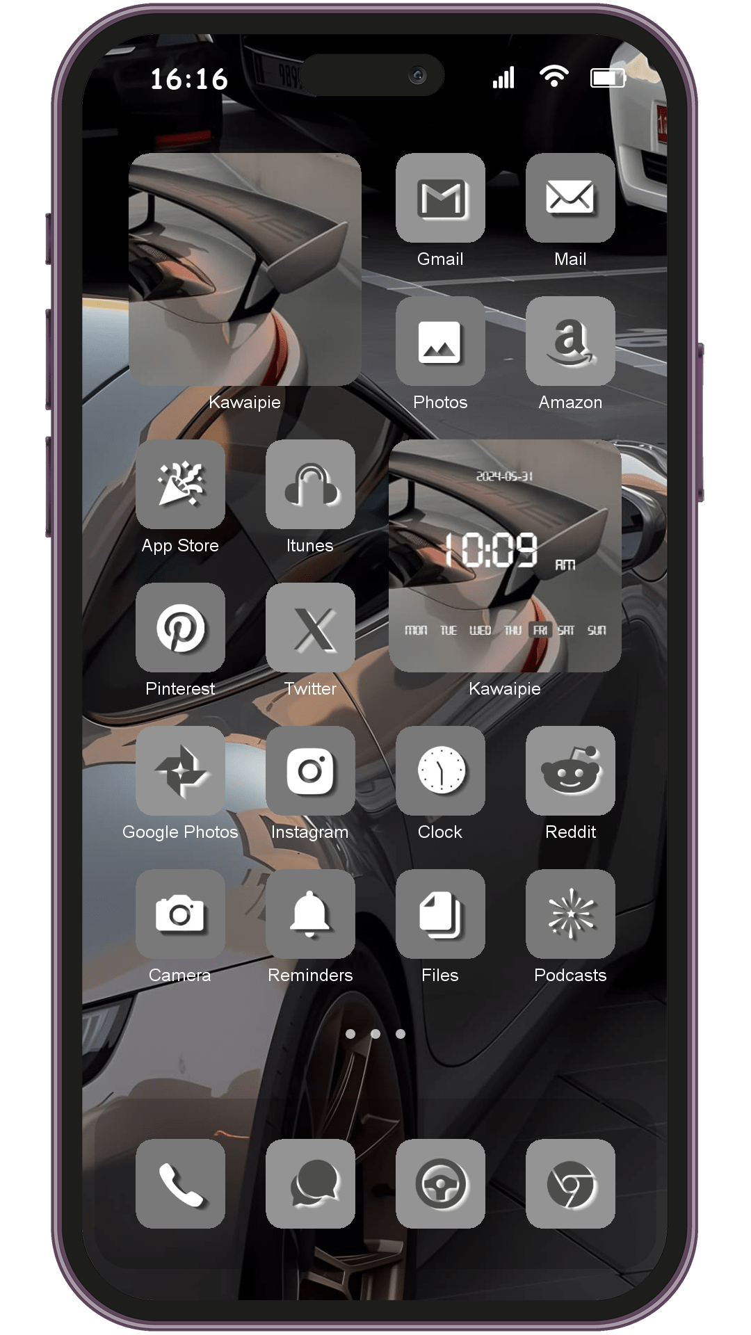 Silver Car theme pack installed on phone home screen