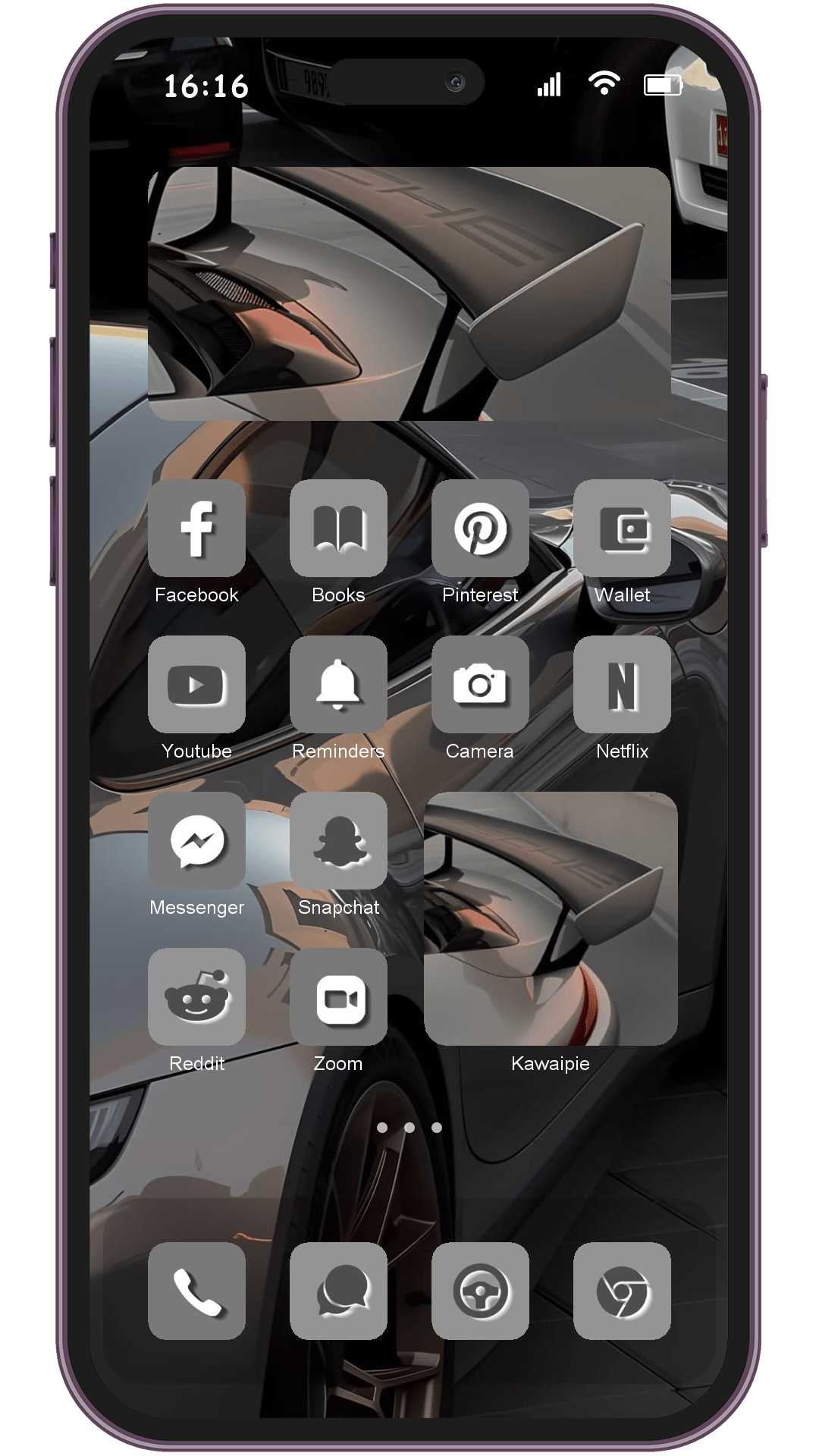 Silver Car theme pack applied on smartphone home screen