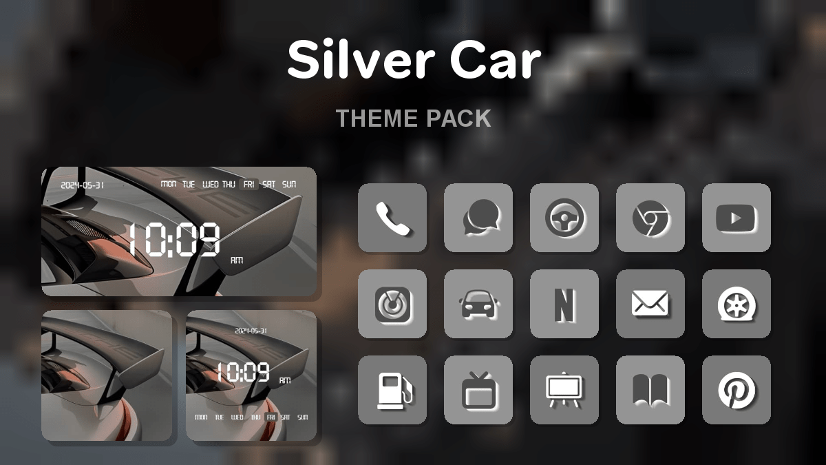 Silver Car theme pack preview showing all icons widgets and wallpaper