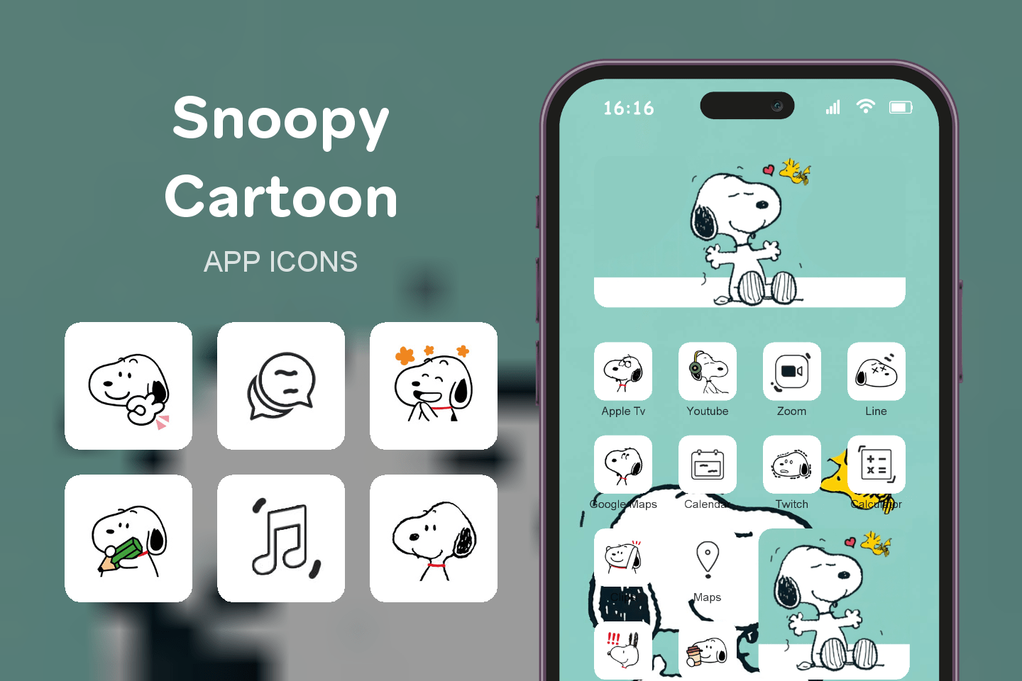 Snoopy Cartoon theme pack featured image showing icons widgets and wallpaper