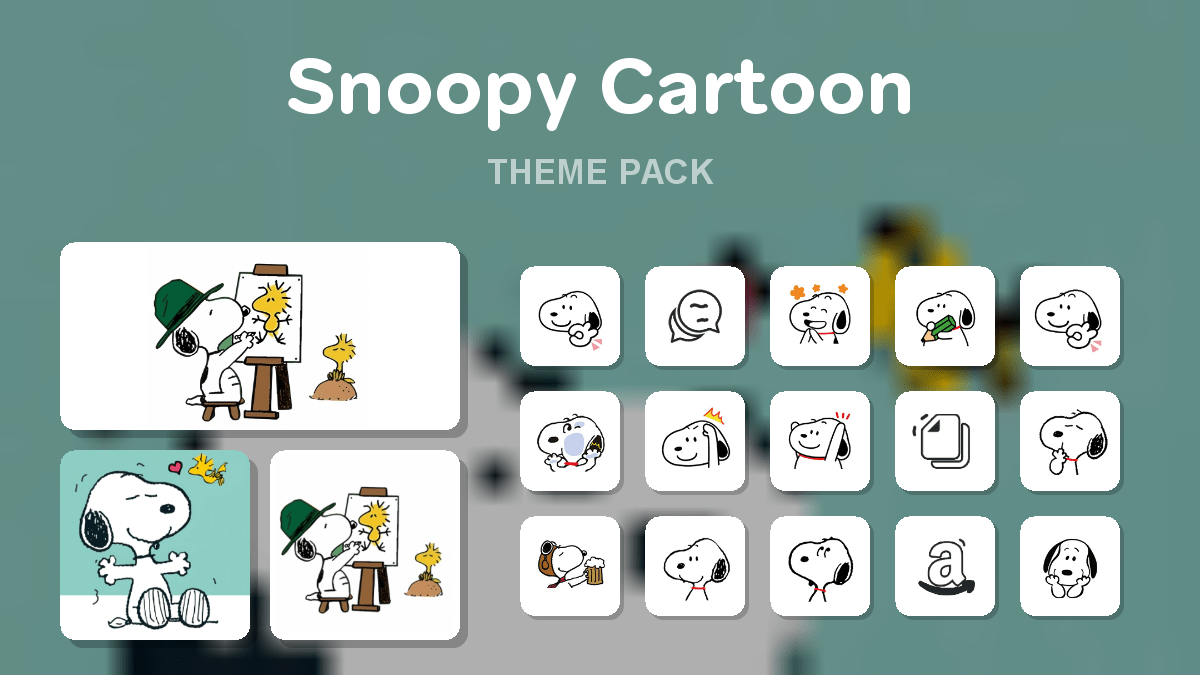 Snoopy Cartoon theme pack preview showing all icons widgets and wallpaper