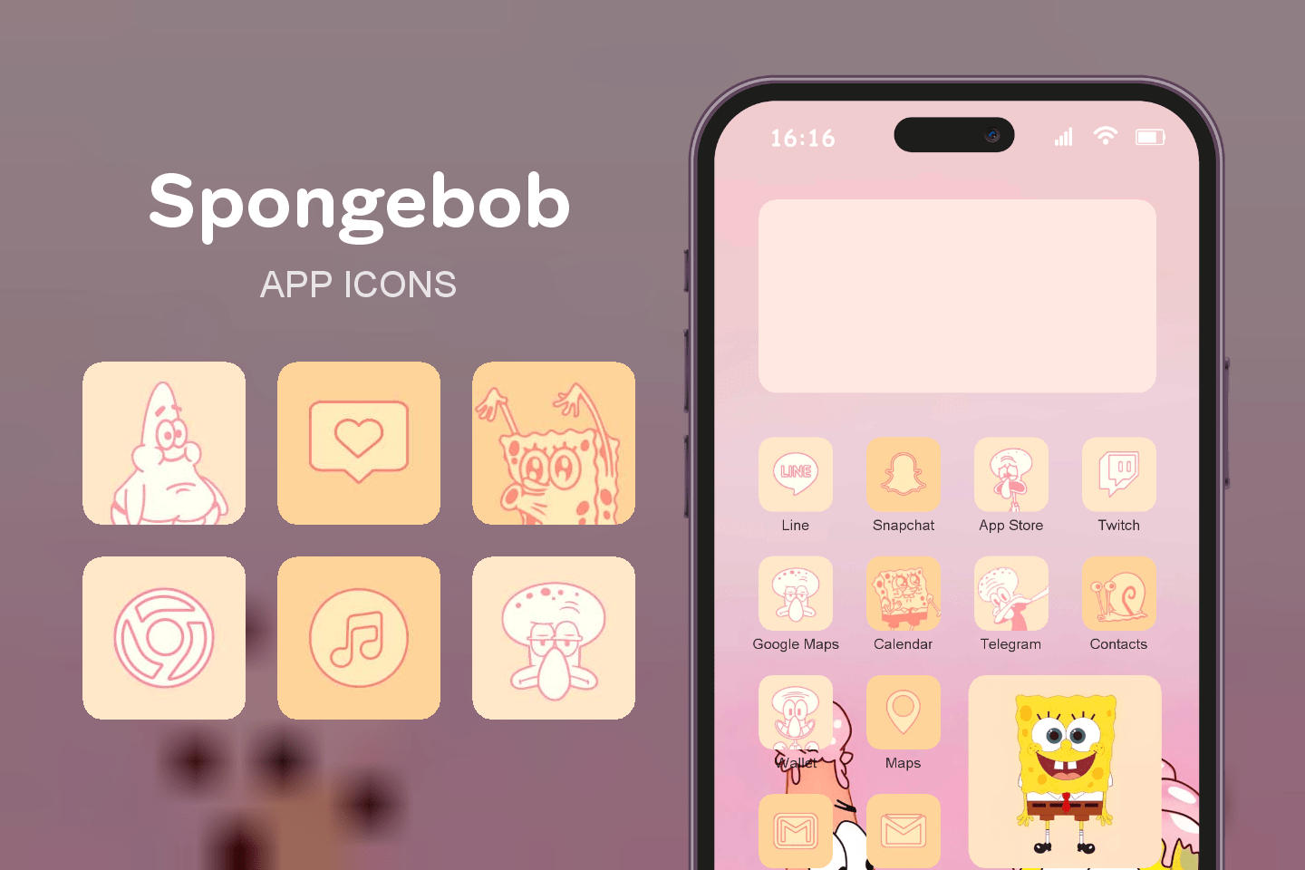 Spongebob theme pack featured image showing icons widgets and wallpaper