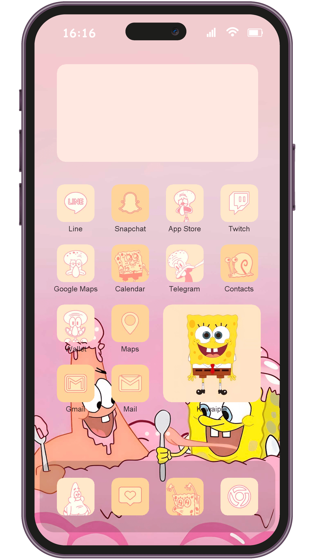 Spongebob theme pack applied on smartphone home screen