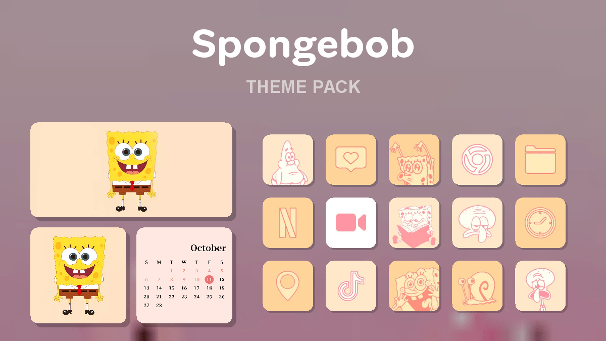Spongebob theme pack preview showing all icons widgets and wallpaper
