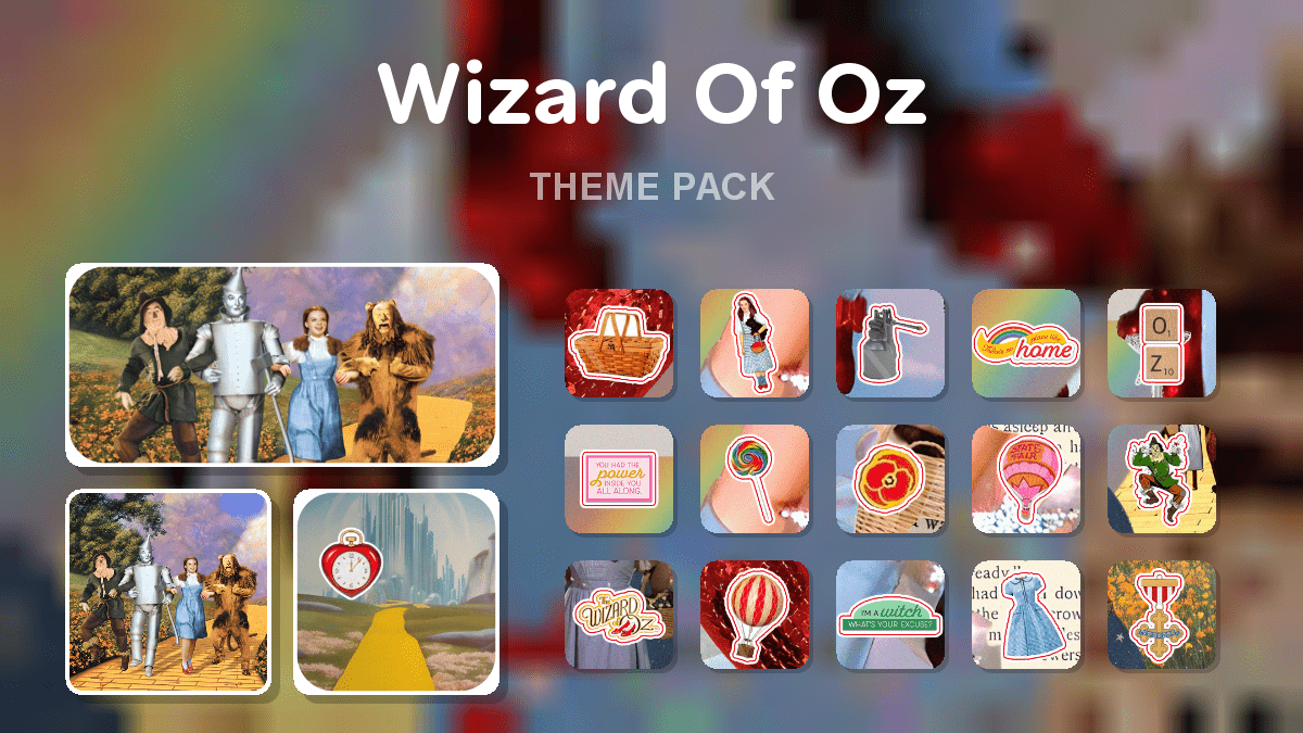 Wizard Of Oz theme pack preview showing all icons widgets and wallpaper