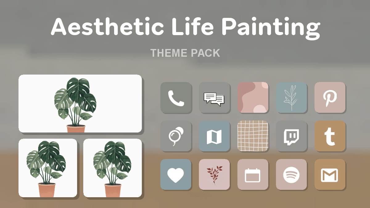 Aesthetic Life Painting theme pack preview showing all icons widgets and wallpaper
