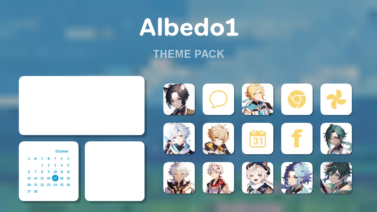 Albedo1 theme pack preview showing all icons widgets and wallpaper