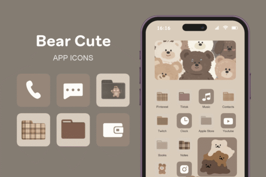 Bear Cute theme pack featured image showing icons widgets and wallpaper