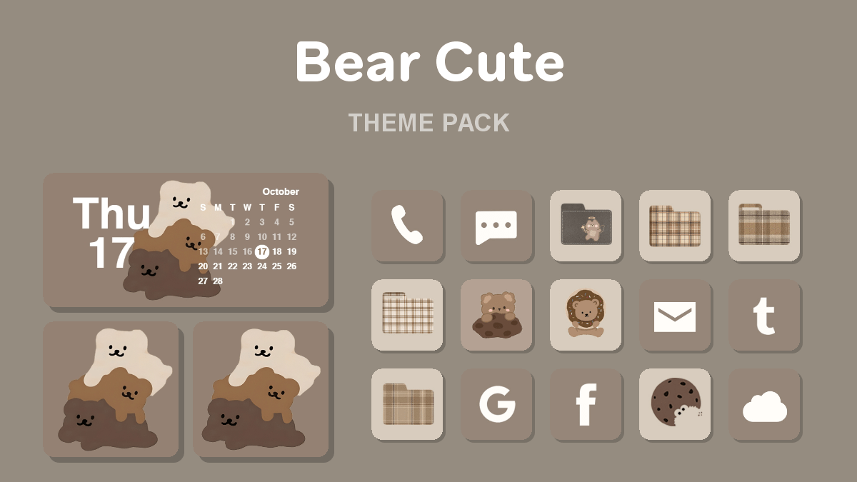 Bear Cute theme pack preview showing all icons widgets and wallpaper