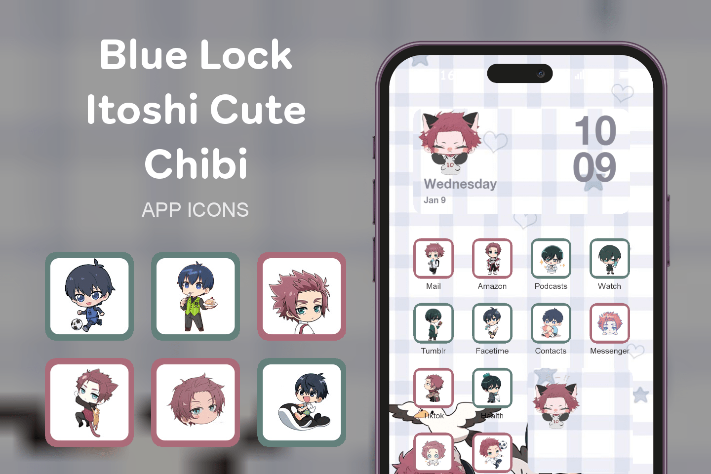 Blue Lock Itoshi Cute Chibi theme pack featured image showing icons widgets and wallpaper
