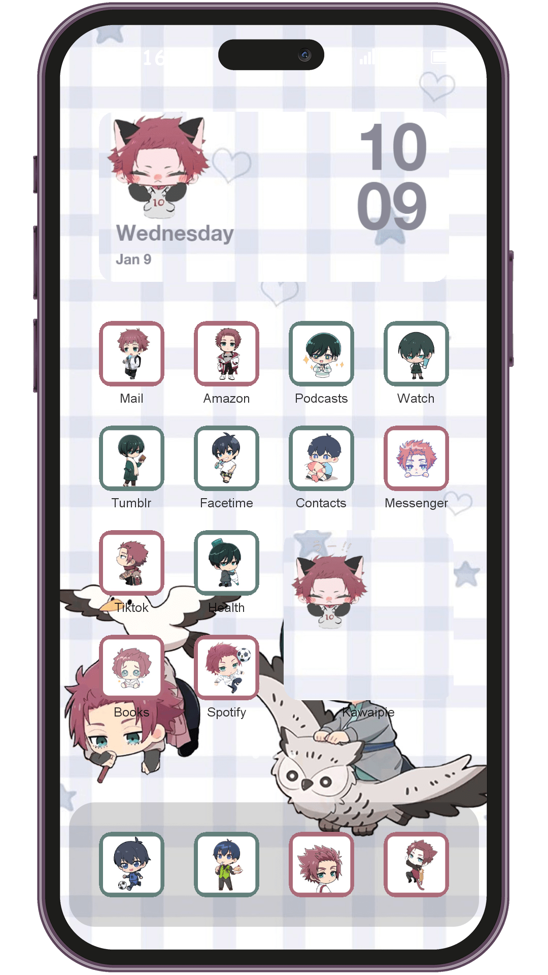 Blue Lock Itoshi Cute Chibi theme pack applied on smartphone home screen
