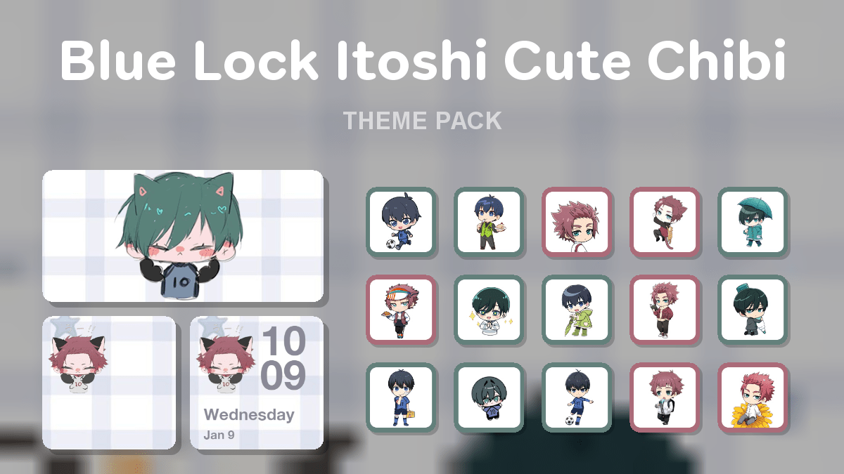 Blue Lock Itoshi Cute Chibi theme pack preview showing all icons widgets and wallpaper