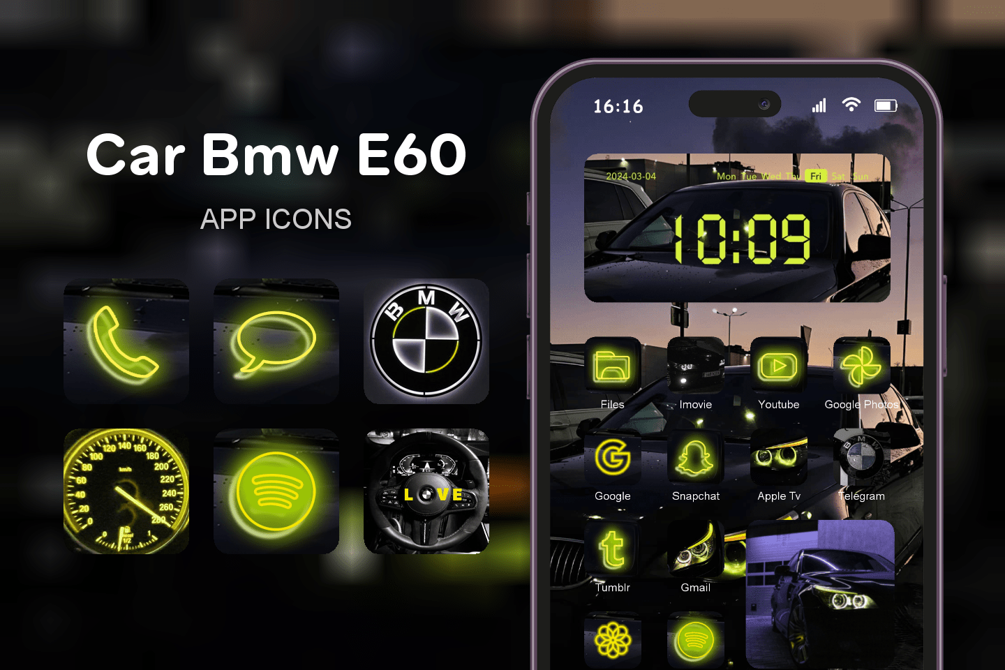 Car Bmw E60 theme pack featured image showing icons widgets and wallpaper
