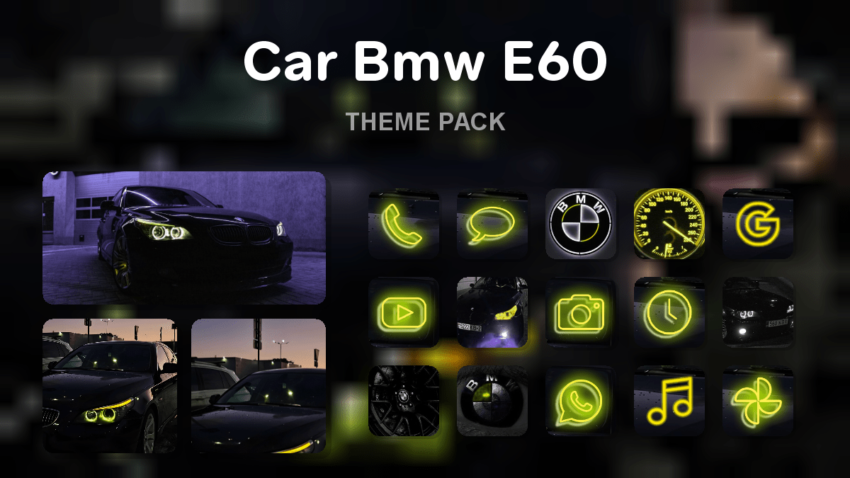 Car Bmw E60 theme pack preview showing all icons widgets and wallpaper