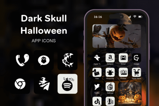 Dark Skull Halloween theme pack featured image showing icons widgets and wallpaper