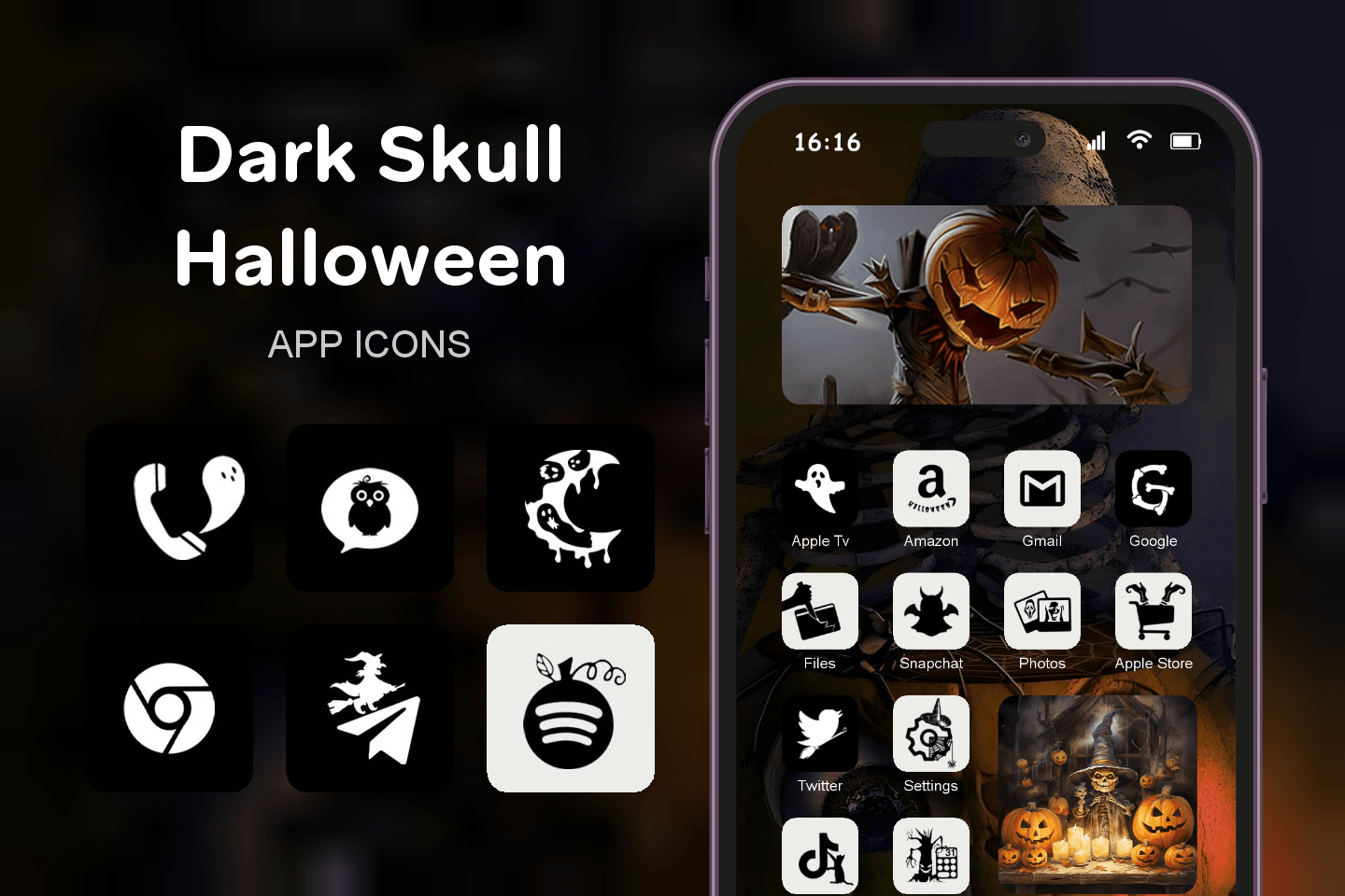 Dark Skull Halloween theme pack featured image showing icons widgets and wallpaper