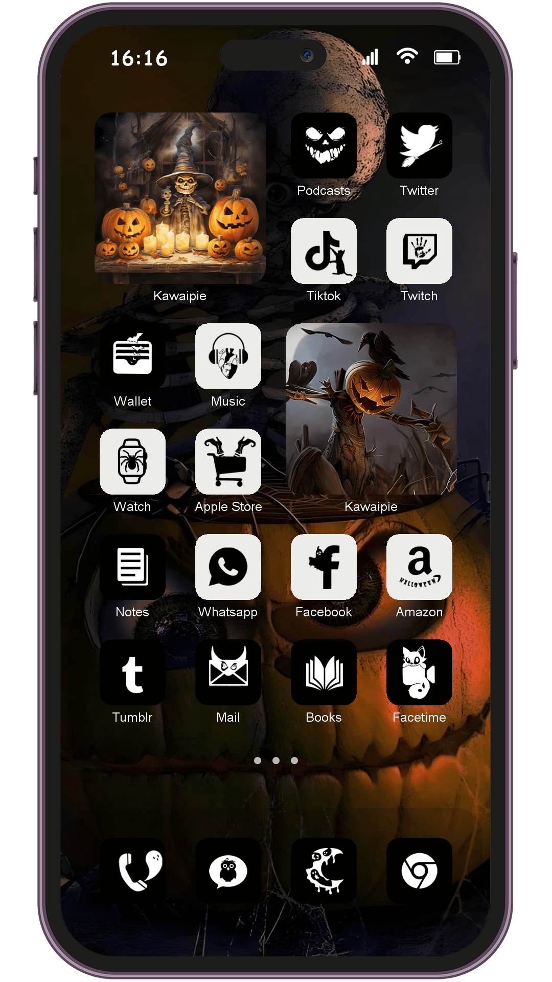 Dark Skull Halloween theme pack installed on phone home screen