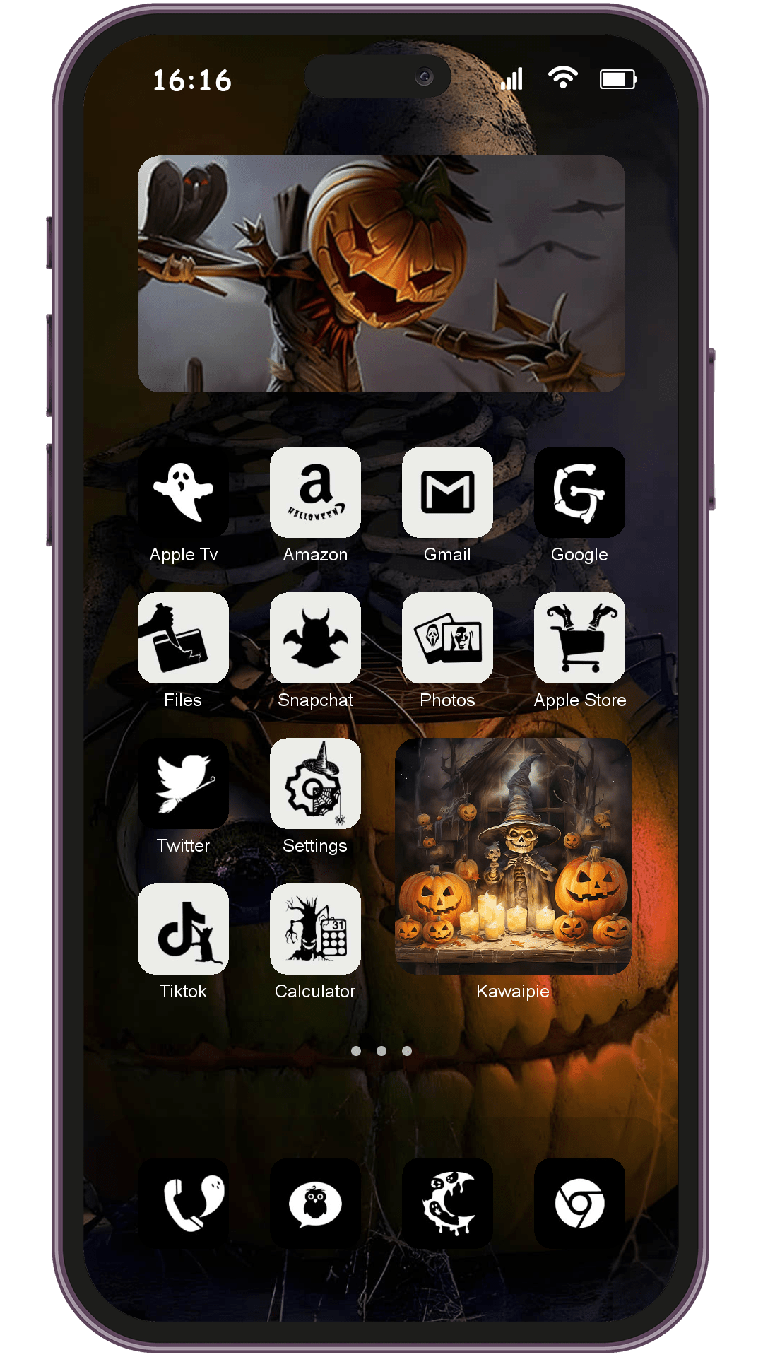 Dark Skull Halloween theme pack applied on smartphone home screen
